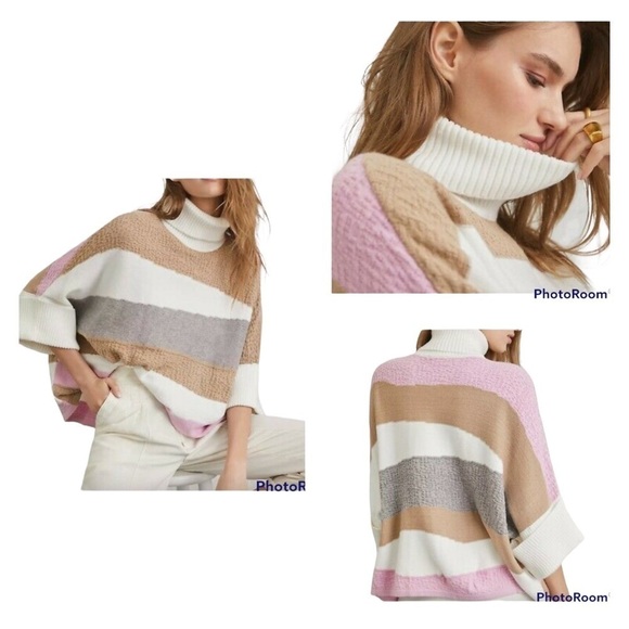 CALLAHAN KNIT Anthropologie Pastel Striped Turtleneck Poncho Sweater Small - Picture 1 of 11